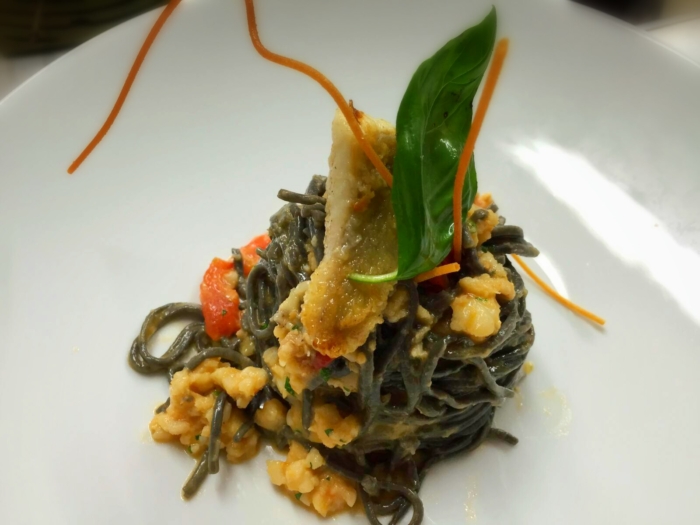INK TAGLIOLINI PASTA WITH YELLOWTAIL AND PACHINO TOMATOES